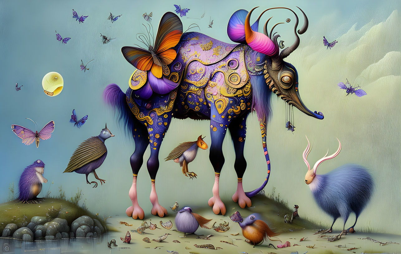 Colorful surreal creature surrounded by animals and patterns