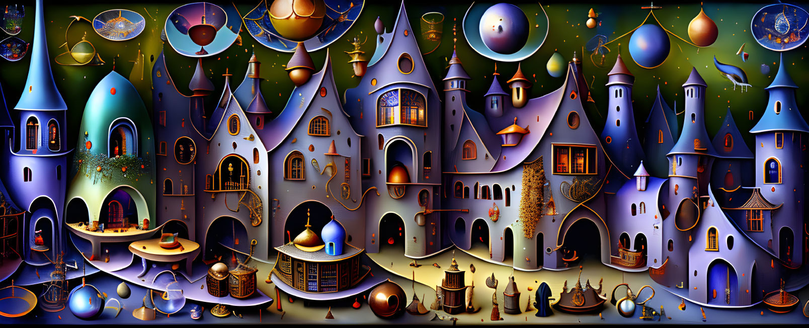 Colorful whimsical village with celestial bodies and curious characters engaged in astronomical activities