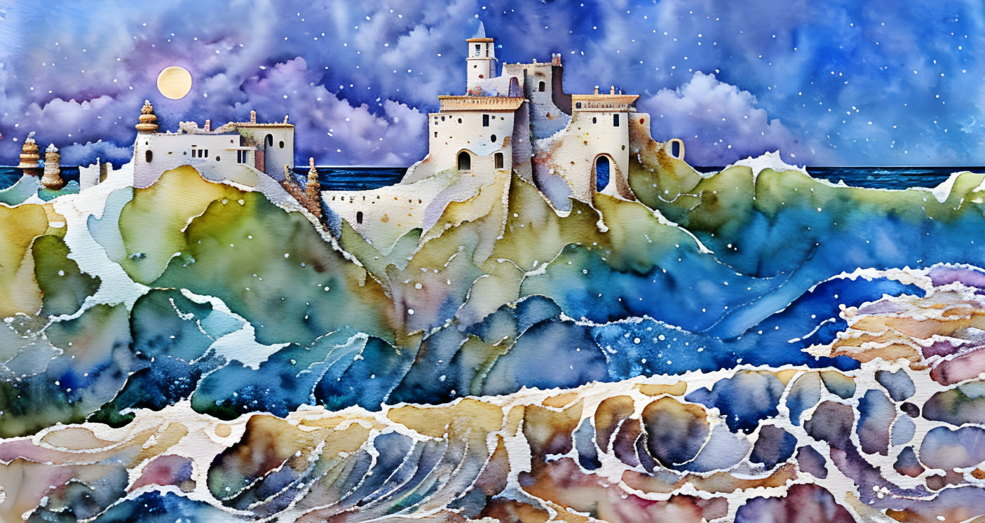 Colorful watercolor castle on hill under starry sky