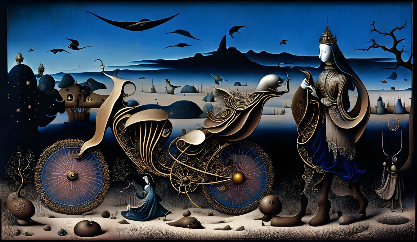 Surrealist artwork: Knight and horse merge into mechanical form in twilight landscape