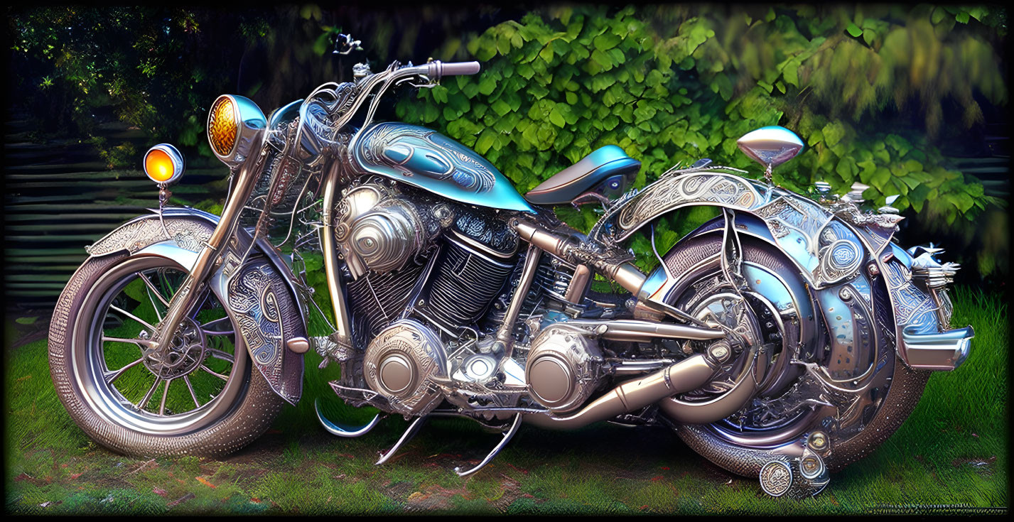 Customized Vintage Motorcycle with Intricate Metalwork and Shiny Blue Finish