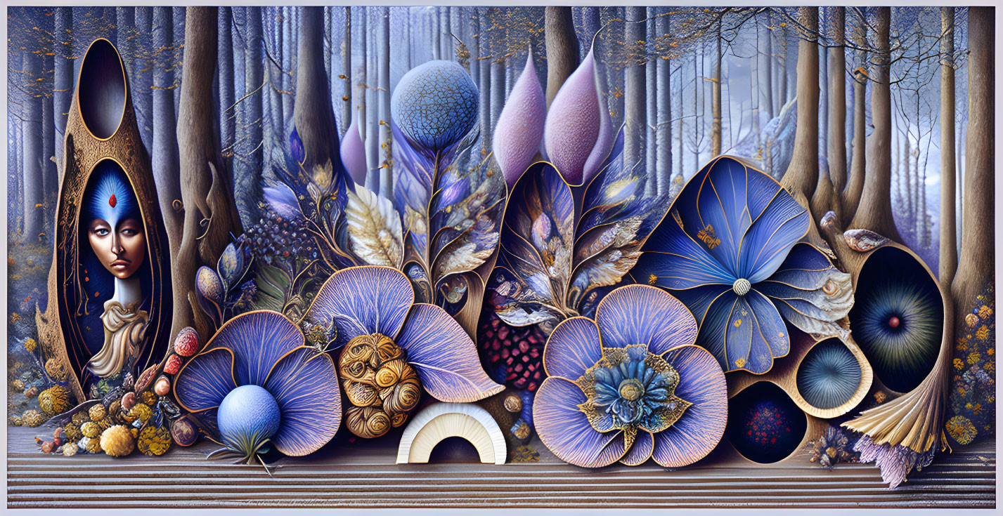 Colorful surreal forest with female figure and blue embellishments