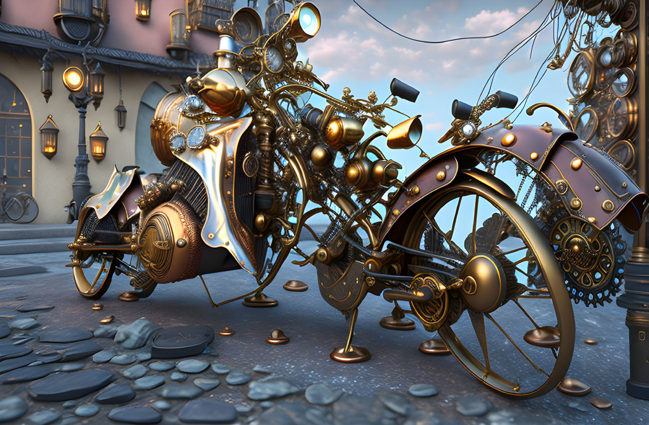 Steampunk-style Motorcycle with Intricate Metallic Details on Cobblestone Street