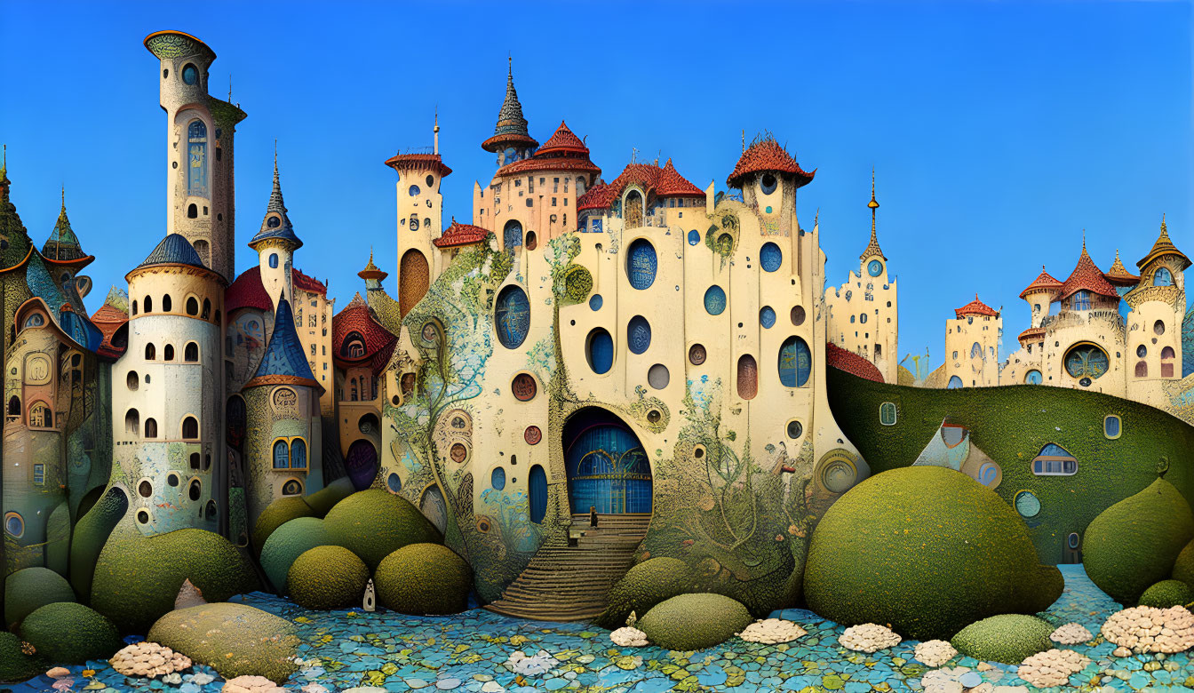 Colorful Fantasy Castle with Multiple Spires and Green Plants