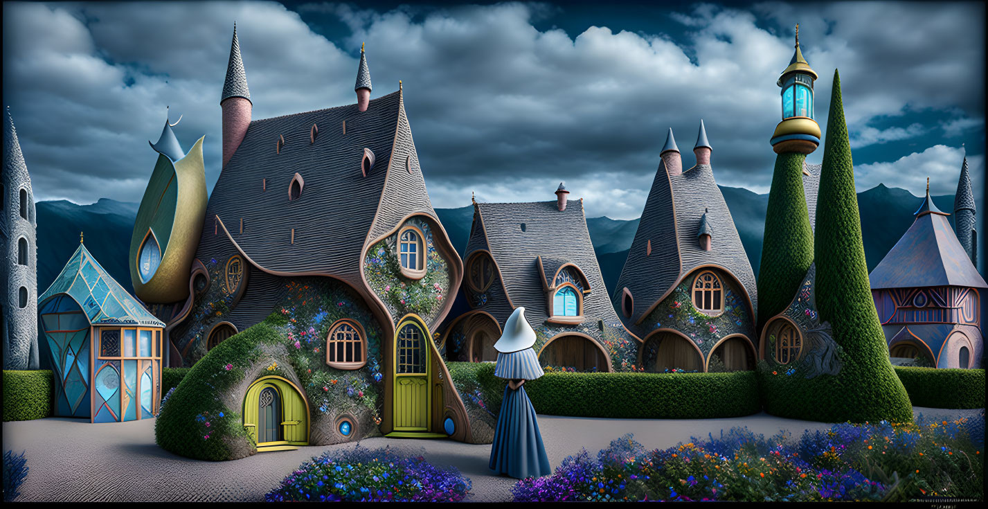 Colorful, quirky houses in a magical village with spire roofs and lush gardens under a dramatic sky