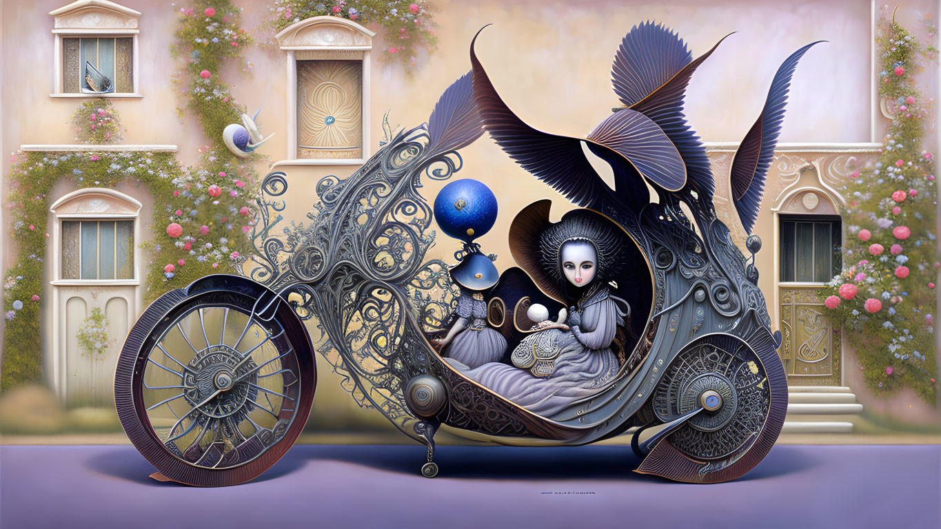 Ornate surreal carriage with feathered accents and porcelain figure in dreamlike scene