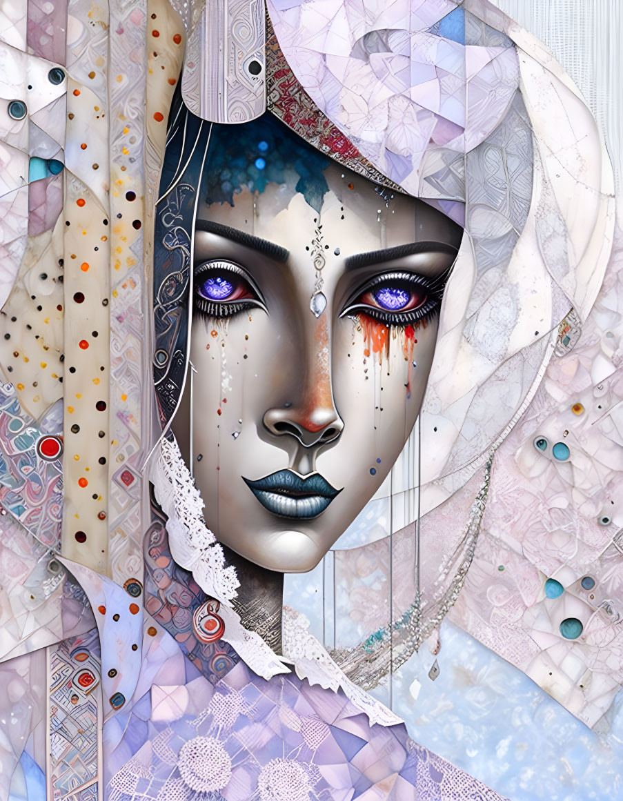 Stylized digital artwork: Female face with intricate patterns, blue skin, purple eyes, blending organic