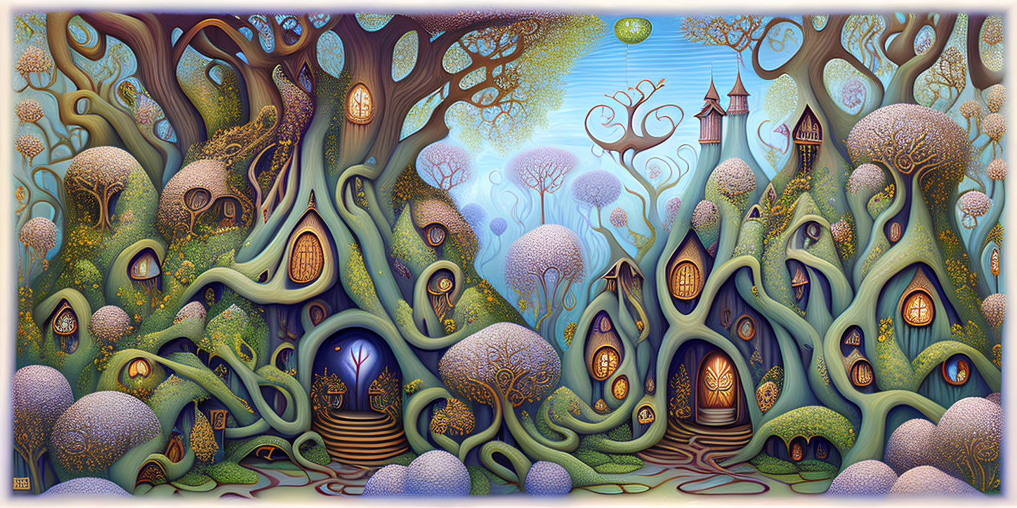 Colorful Forest with Tree Houses, Glowing Windows, and Distant Castle in Fairytale Art