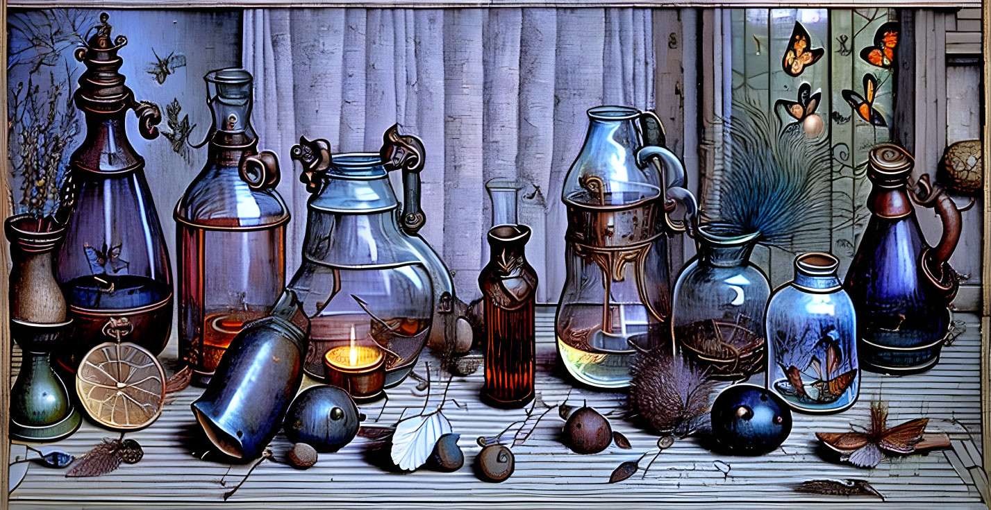 Whimsical windowsill with colorful potion bottles, butterflies, feathers, candle