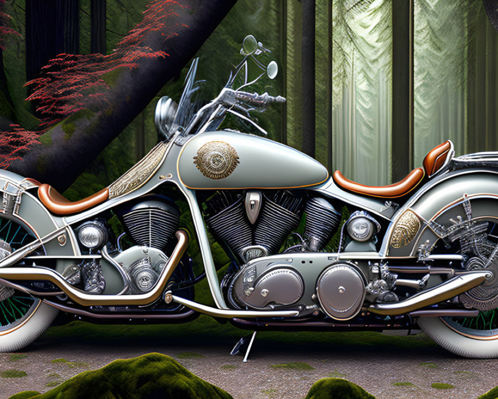 Vintage motorcycle parked in mossy forest with red-leafed trees