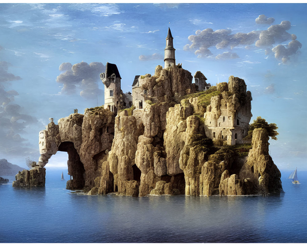 Fantastical castle on rugged cliff by the sea with boats and serene sky