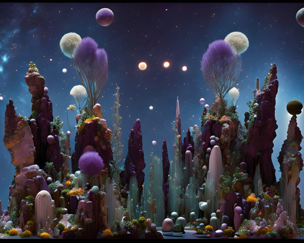 Vibrant mushroom-like flora in cosmic rock landscape