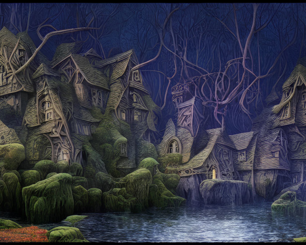 Whimsical tree-shaped houses in fantasy village near misty lake