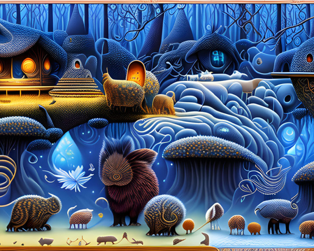 Colorful Fantasy Forest Scene with Stylized Animals and Glowing Treehouses