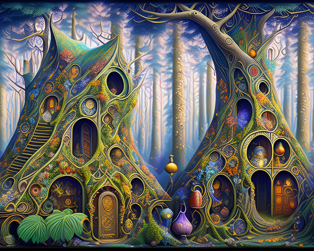 Colorful Forest with Whimsical Treehouses and Glowing Orbs