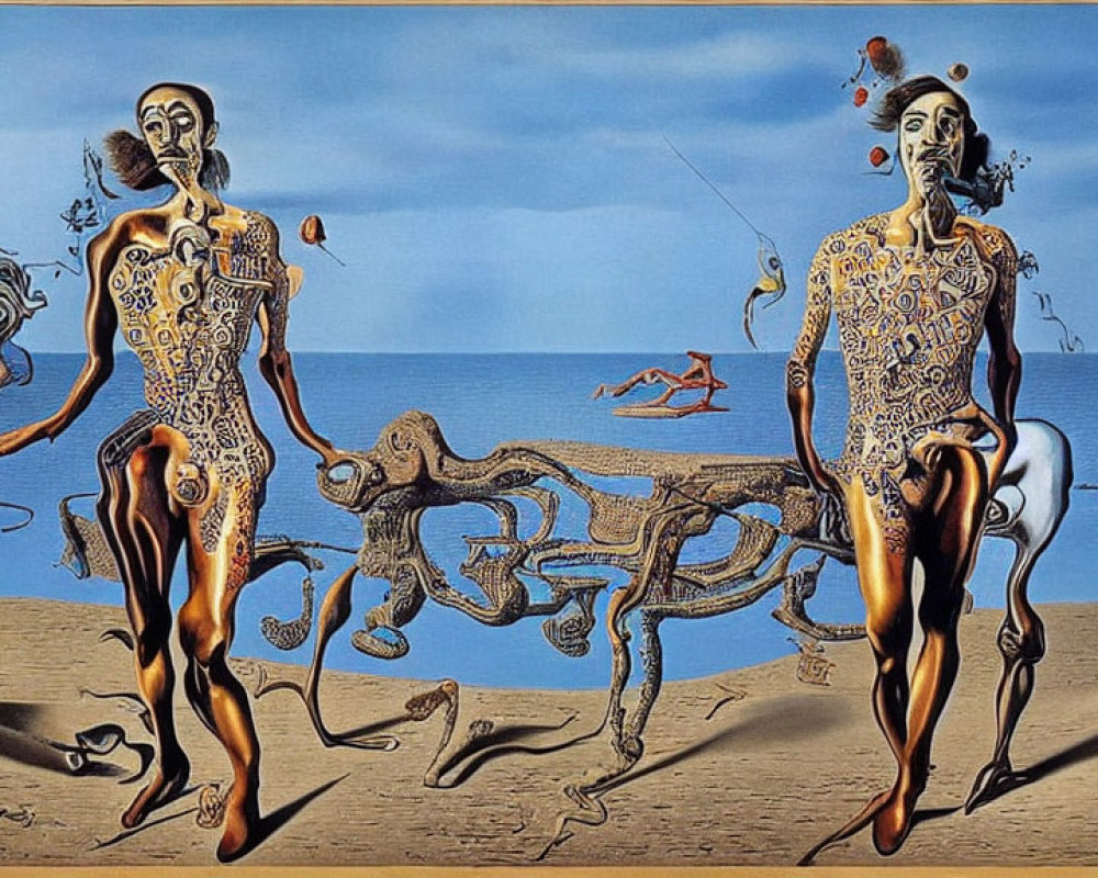 Surreal ornate figures connected on beach with blue sky