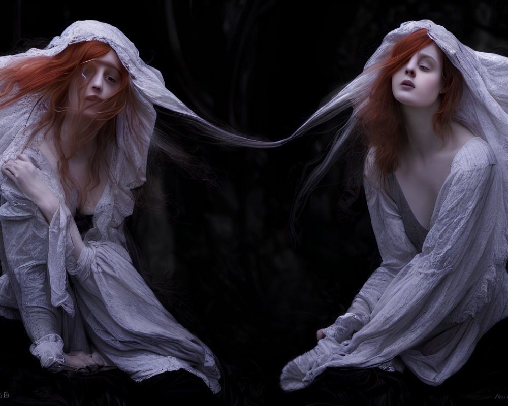 Red-haired woman in white hooded garment sitting in dark forest setting