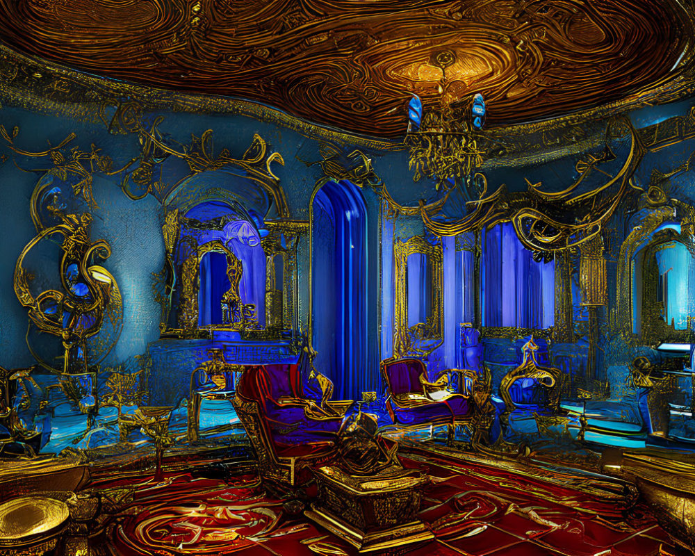 Luxurious Blue and Gold Baroque Room with Elaborate Decor