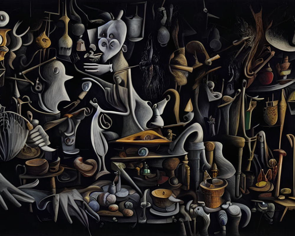 Abstract surreal painting with anthropomorphic shapes and dark hues