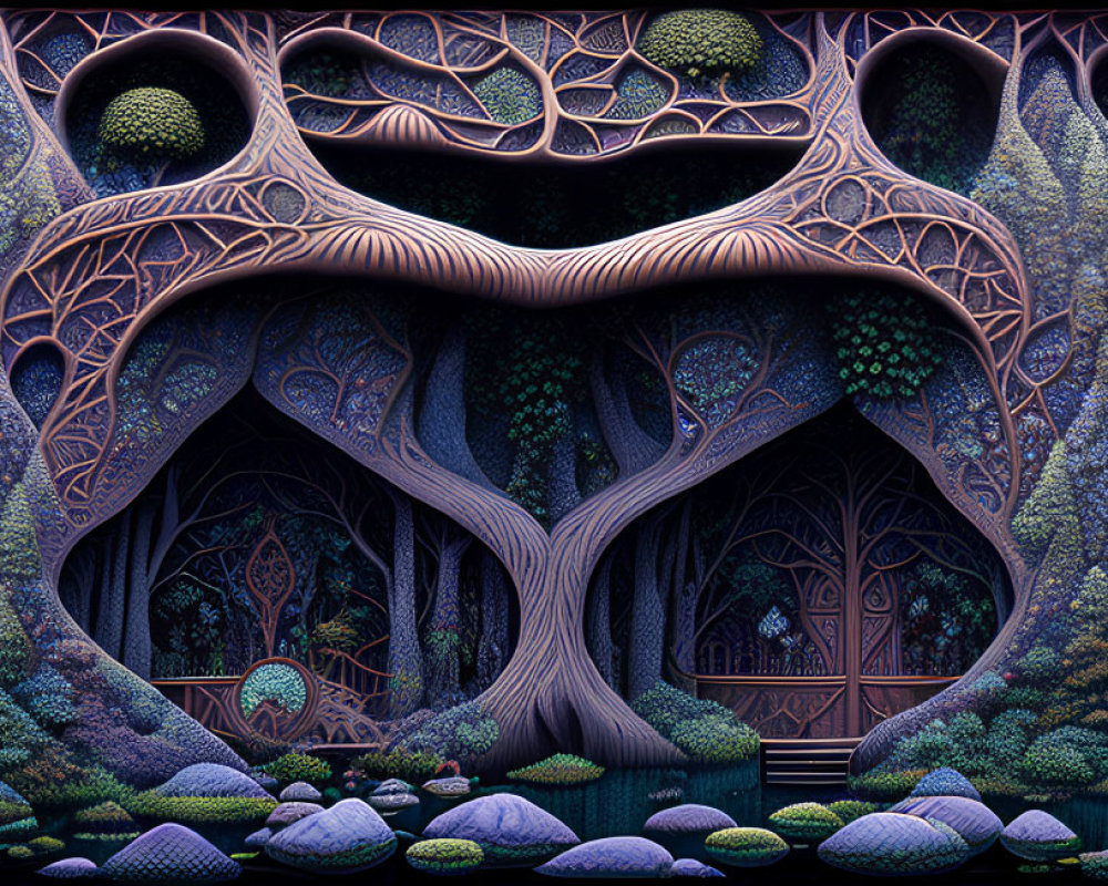 Fantasy Forest Scene: Intertwining Trees, Elaborate Doorways, Lush Fl