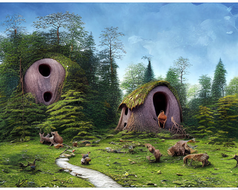 Whimsical forest scene with face-shaped huts, grazing animals, stream, and lush greenery