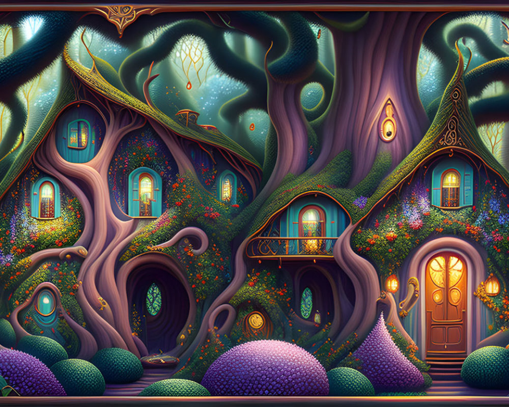 Whimsical fantasy forest with vibrant flora and glowing lights