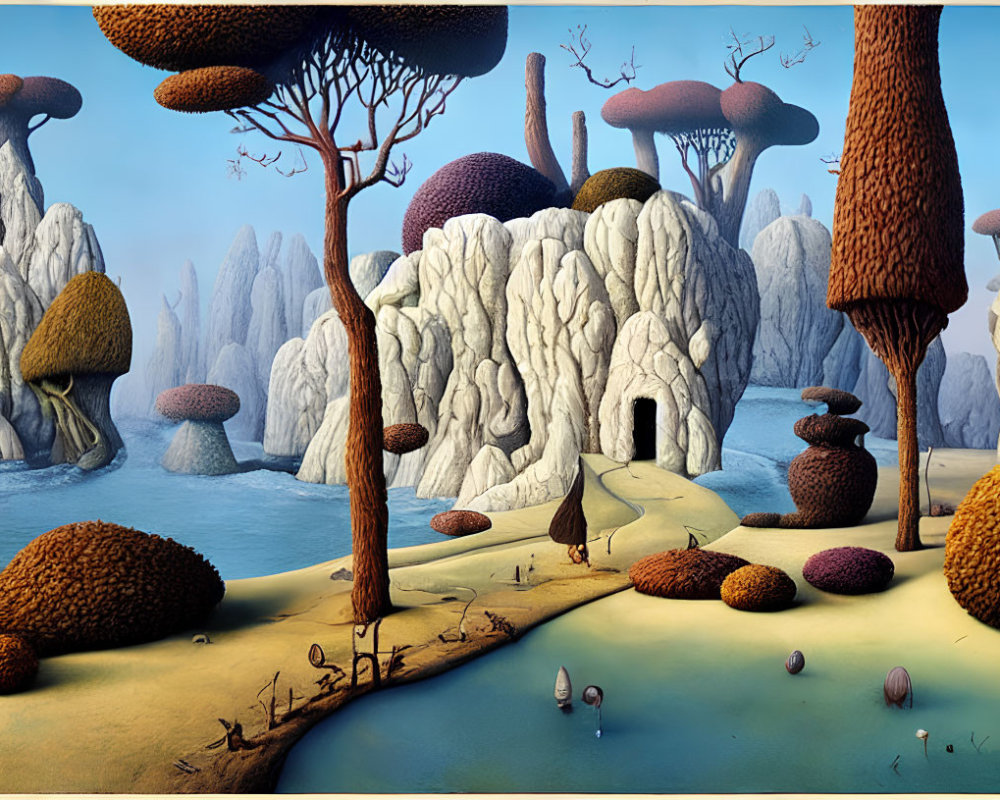 Surreal landscape with mushroom-like trees and rock formations.