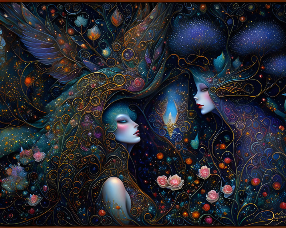 Artwork of two female figures with flowing hair, surrounded by intricate patterns and cosmic elements