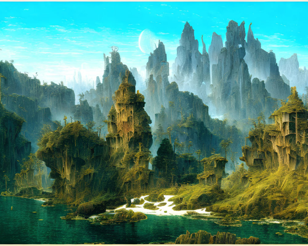 Fantasy landscape with towering rocks, lush forests, water, and moon.