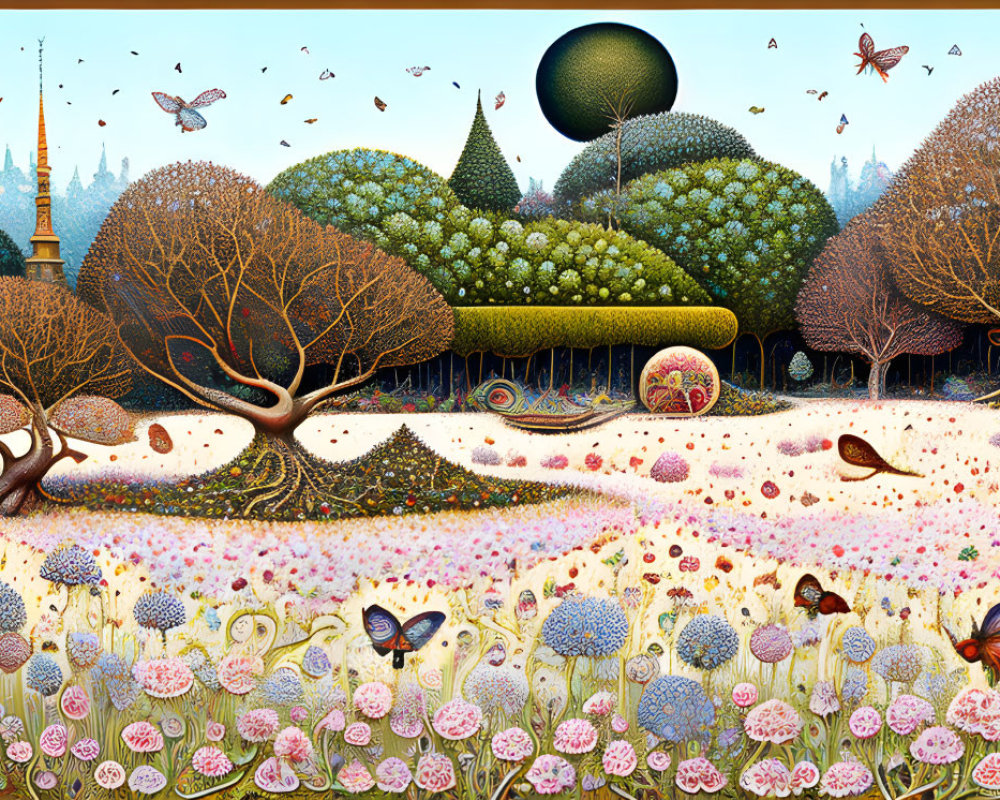 Colorful landscape with stylized trees, flowers, butterflies, and eclipse