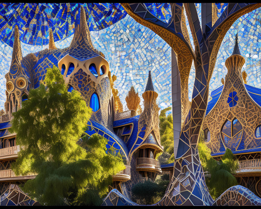 Whimsical mosaic-tiled building with blue accents and spiraled turrets in lush greenery