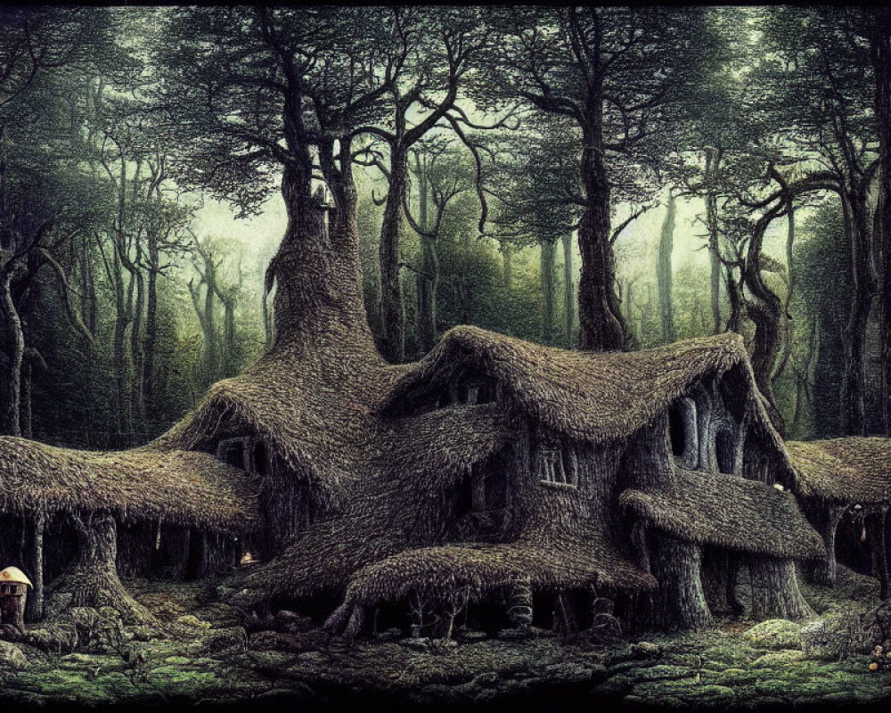 Enchanted Forest with Overgrown Cottage and Ancient Trees