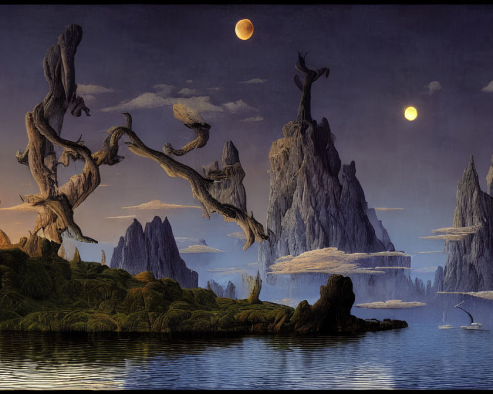 Fantastical landscape with towering rock formations and two moons in the sky