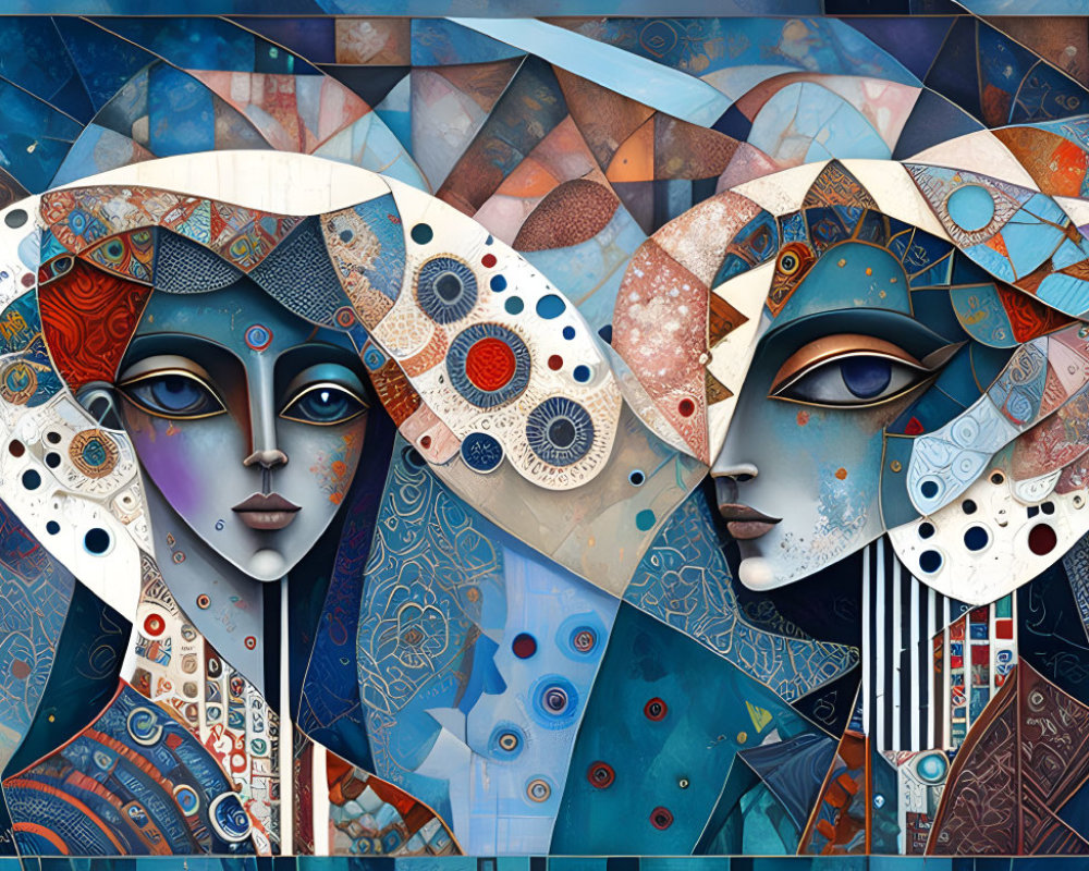 Vibrant Cubist Painting of Two Stylized Female Faces