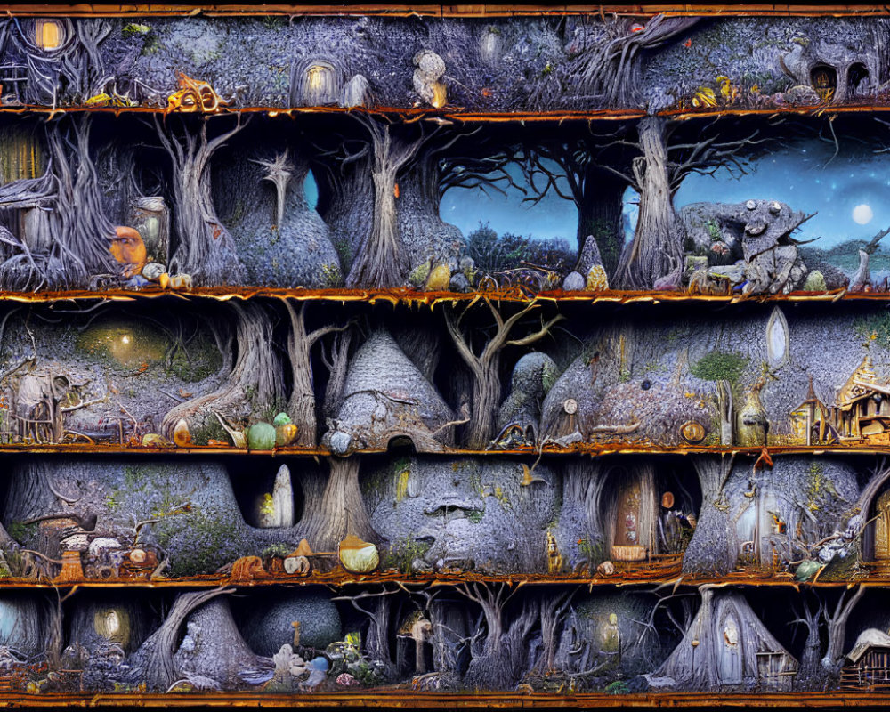 Fantastical woodland scenes with tree houses and creatures on shelves