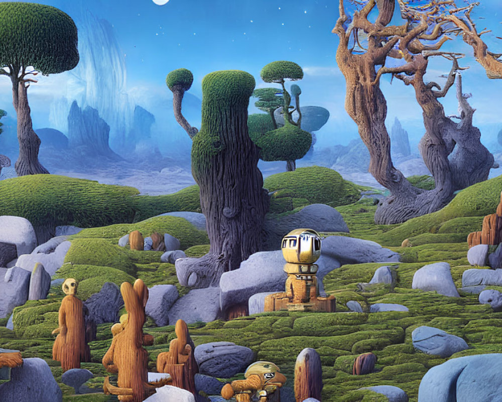 Stylized forest landscape with robot figure and mushroom-like wooden elements