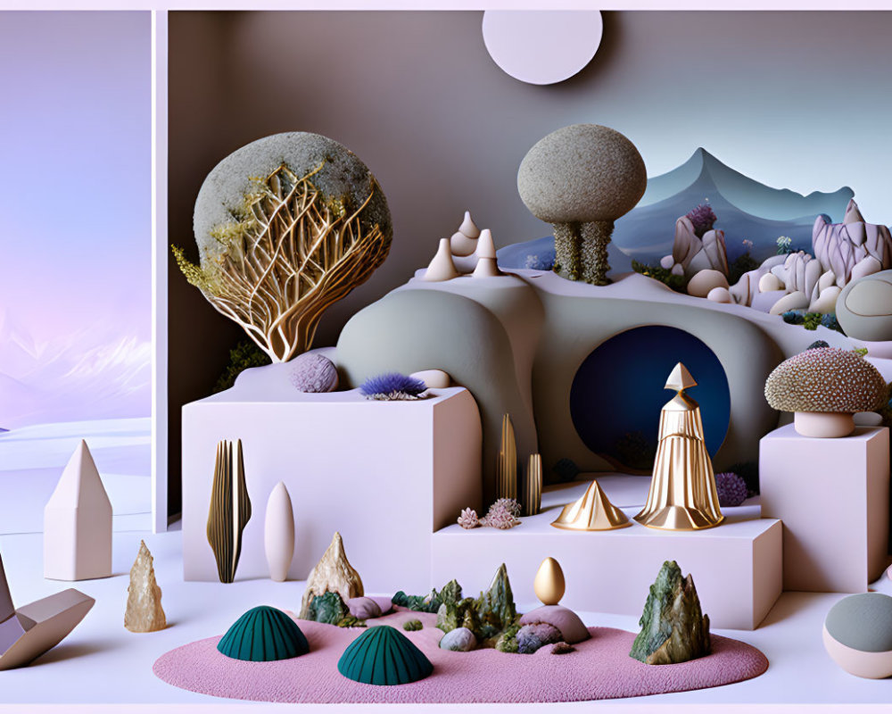 Abstract surreal landscape with geometric shapes, textured spheres, and stylized trees against pastel mountains and soft