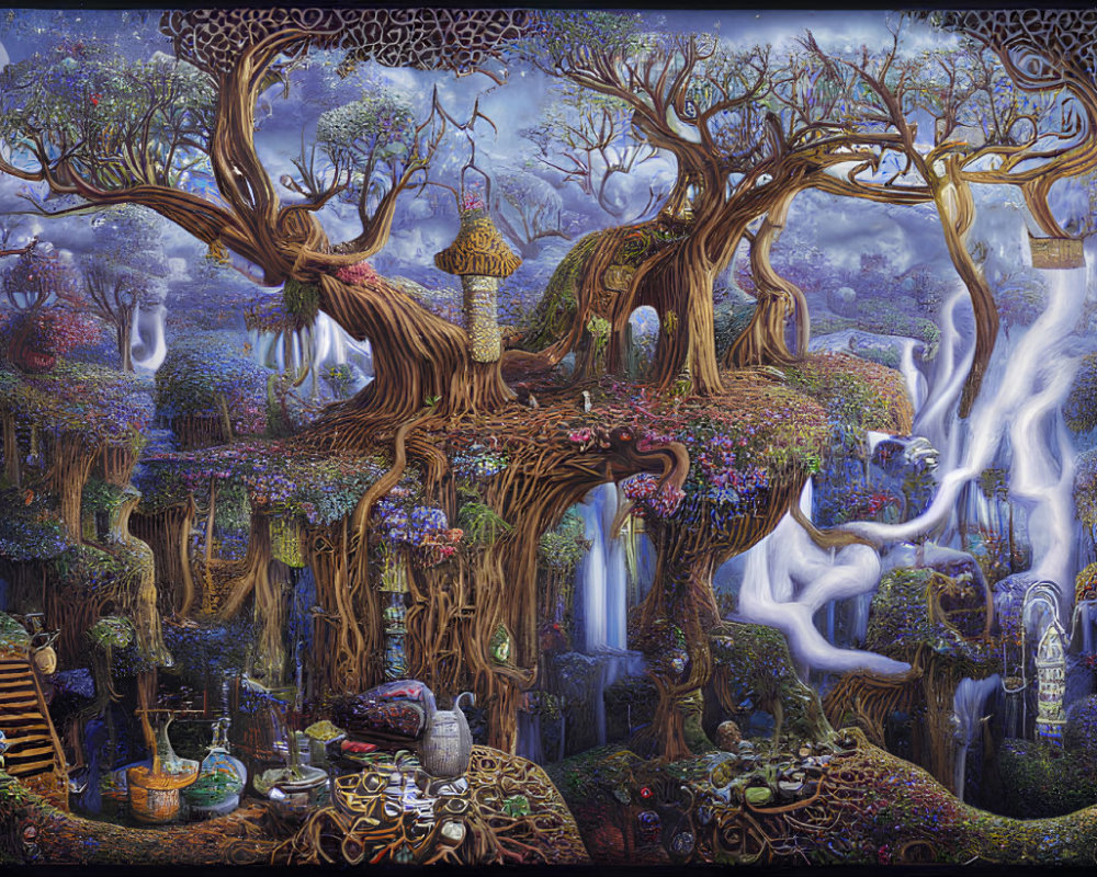 Fantastical landscape with enchanted tree, whimsical houses, mist, waterfalls, and colorful flora