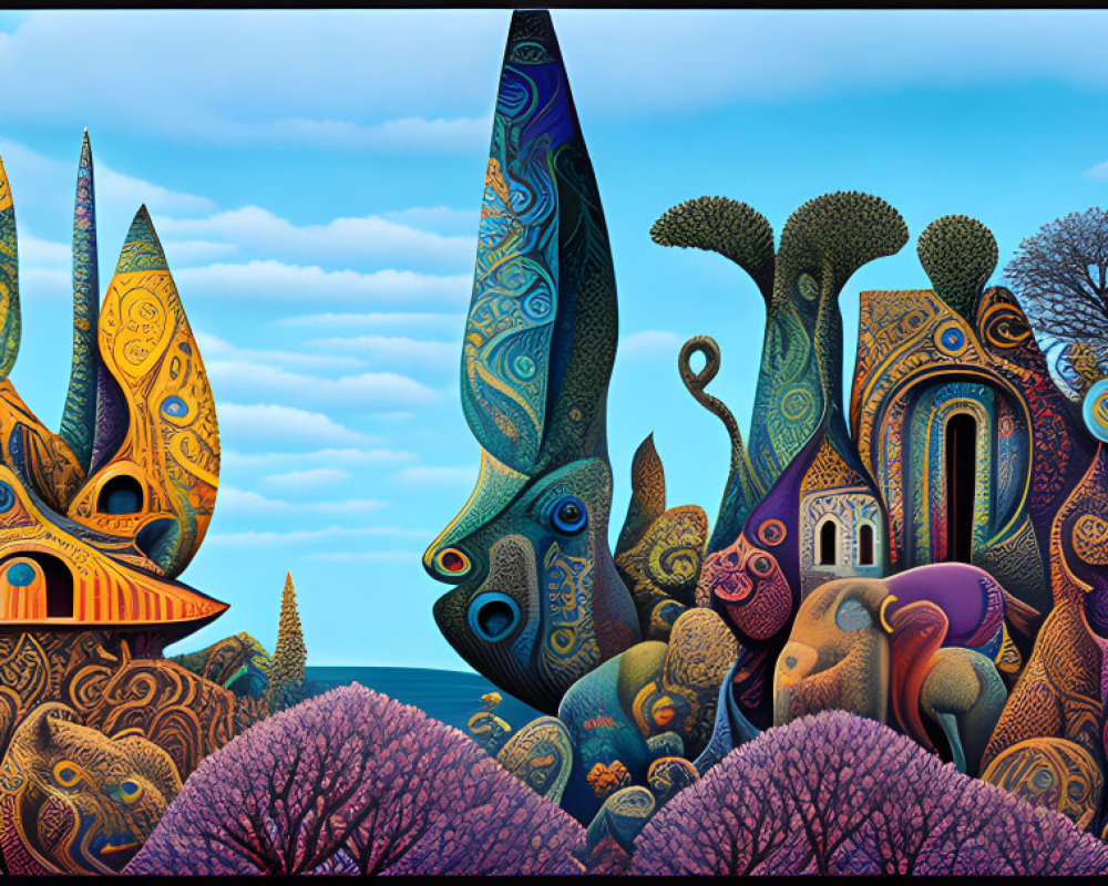 Colorful surreal landscape with stylized trees and whimsical structures