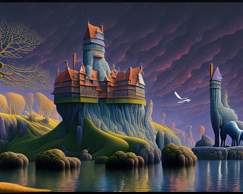 Fantastical landscape with castle, owl, striped hills, tree, zebra-striped unicorn under twilight