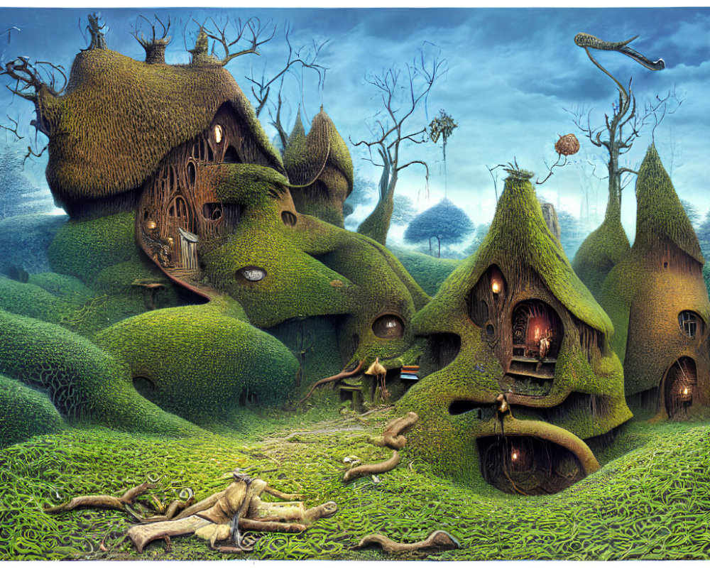 Whimsical tree-like houses in lush green landscape