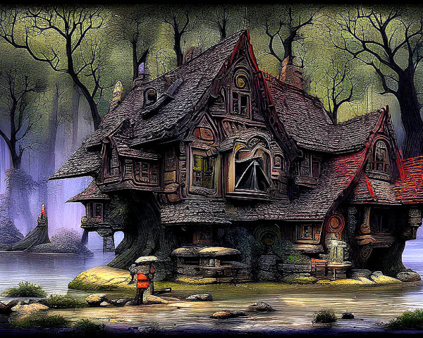 Enchanting cottage in mystical forest with serene pond