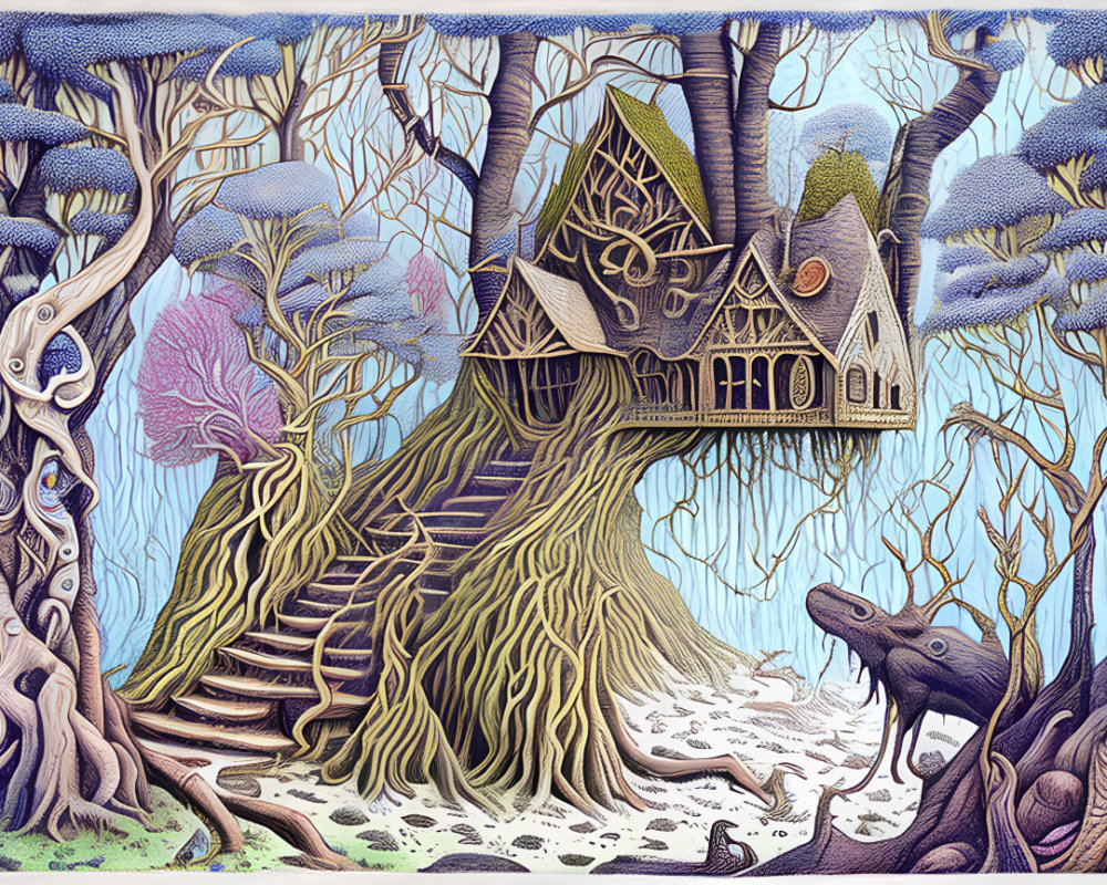 Detailed whimsical treehouse illustration with ancient tree, intricate roots, fantastical flora, and curious creature