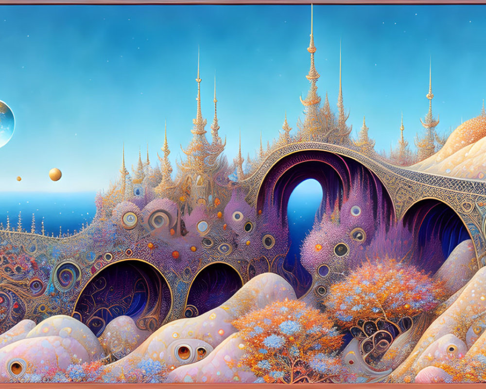 Colorful fantasy landscape with arches, spires, and two moons