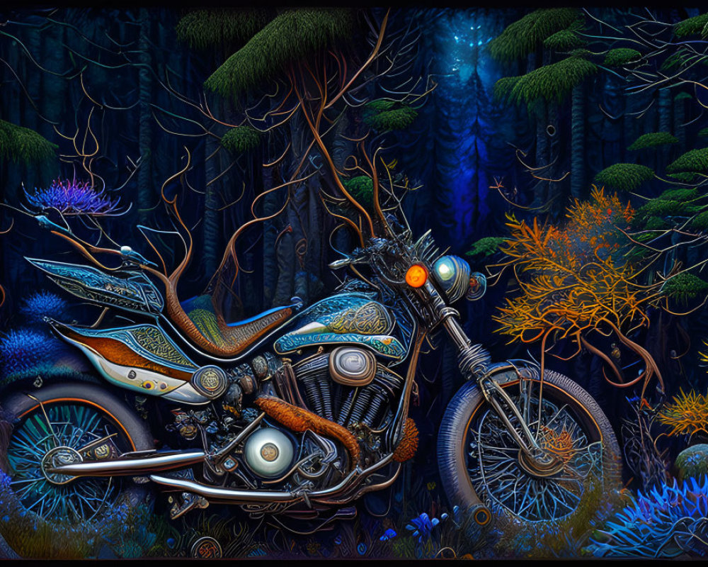 Colorful Digital Art: Motorcycle with Organic and Underwater Design Elements