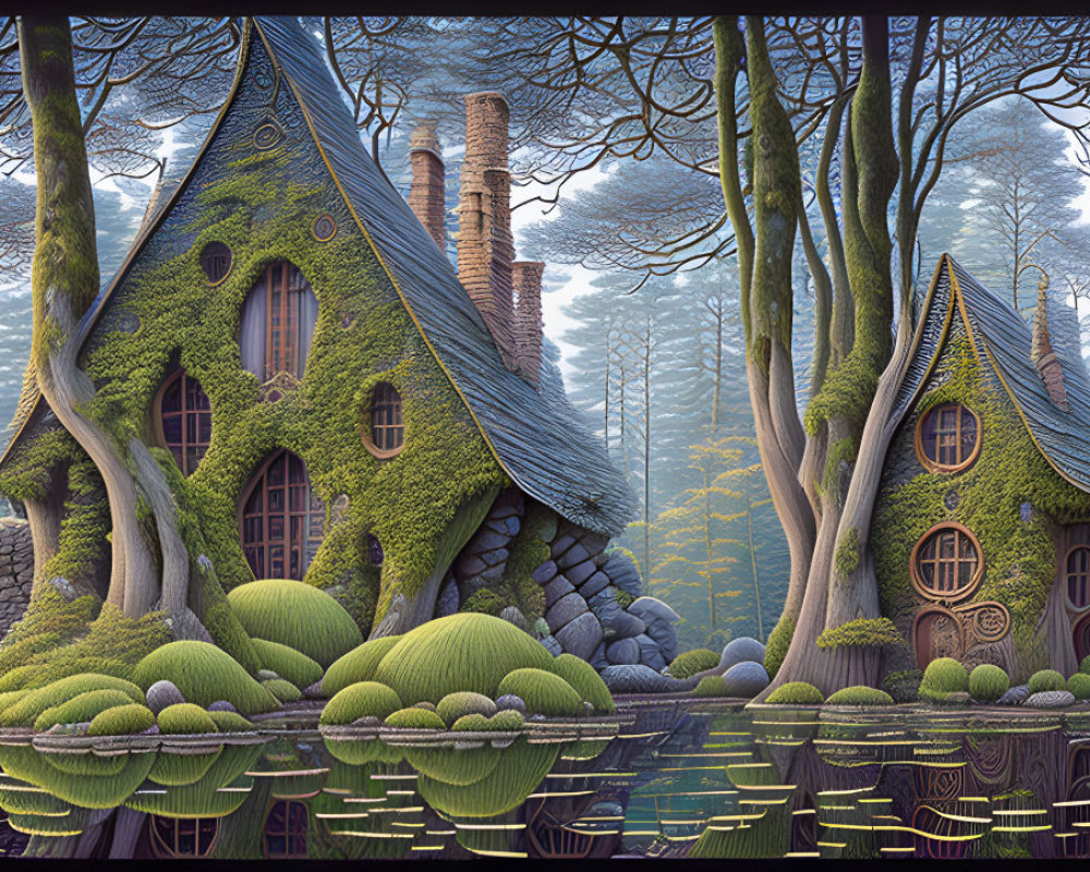 Whimsical moss-covered houses in enchanted forest pond.