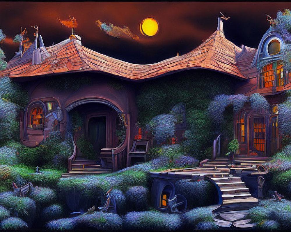 Fantasy Landscape with Whimsical Houses and Twin Moons