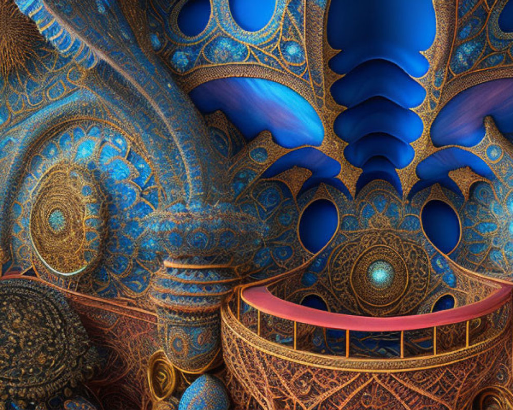 Panoramic fantasy fractal landscape with vivid blue hues and intricate alien cathedral elements