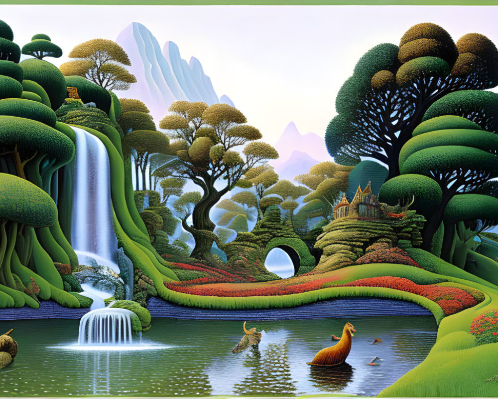 Scenic landscape with stylized trees, waterfall, ducks, castle, and mountains