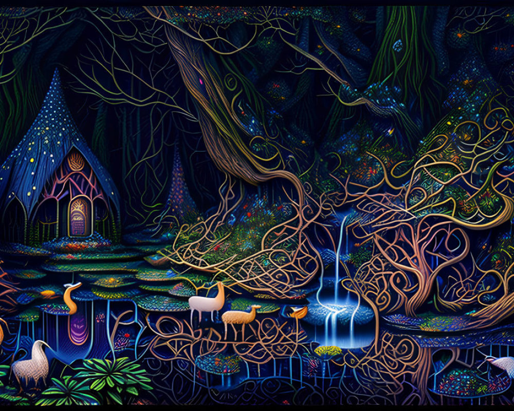 Colorful Nocturnal Forest Scene with Cottage, Trees, Swans, and Water